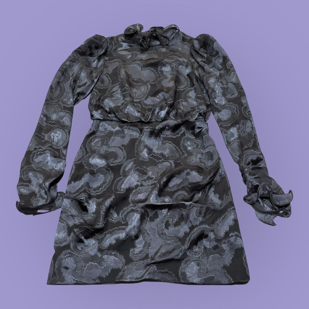 Saloni Cocktail Mini Dress Womens 4 Black Silk Blend Rina B Ruffled Long Sleeve